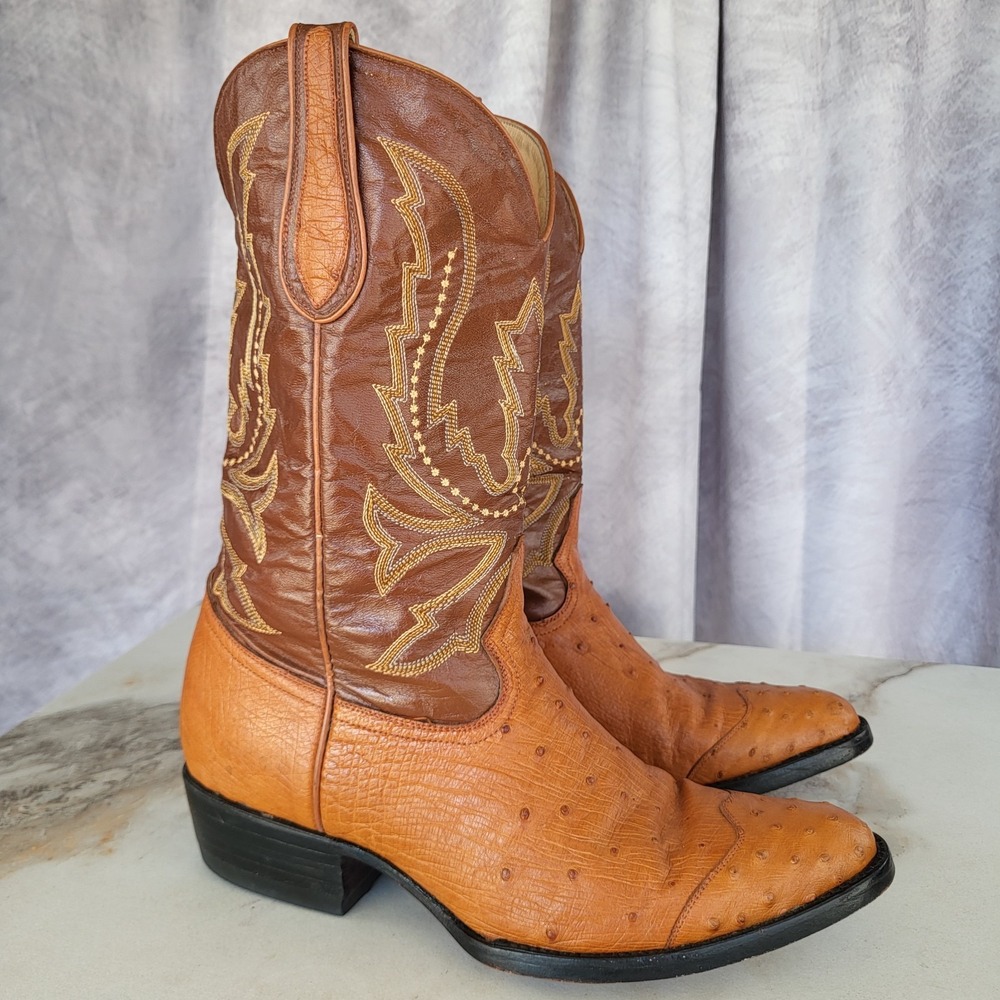 LARRY MAHANS Smooth Ostrich Western Cowboy Boots Men's US Size 9